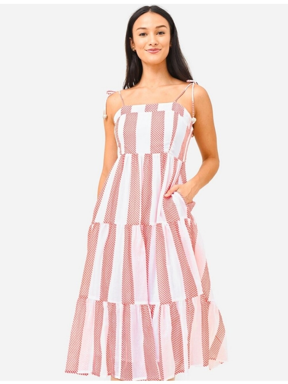 Oliphant Tuckernuck Women's White & Red Orange Print Tie Strap Midi Dress XS